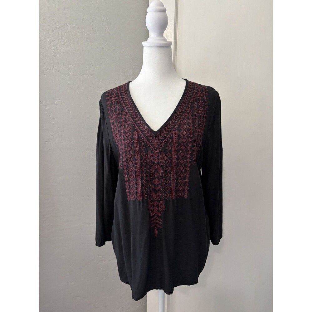 J. Jill 100% Rayon Embroidered Boho Top Peasant Blouse Small Black Red V Neck